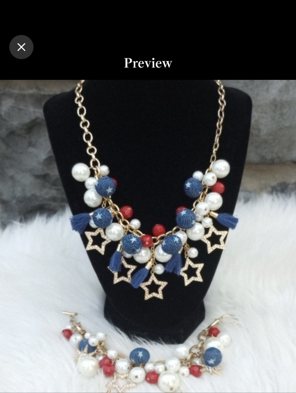 2-Piece Vineyard Haven July 4th Beads Tassels Stars Chunky Necklace & Bracelet